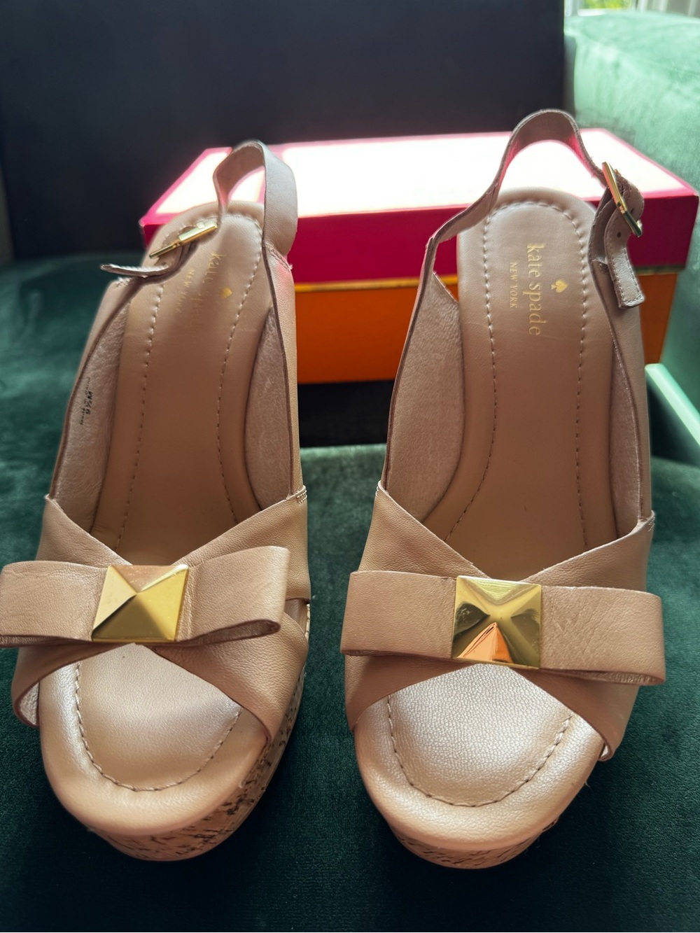 Kate Spade Nude Beige Leather Cork Wedge Sandals - Women 9.5 5 Inch heel NWOT